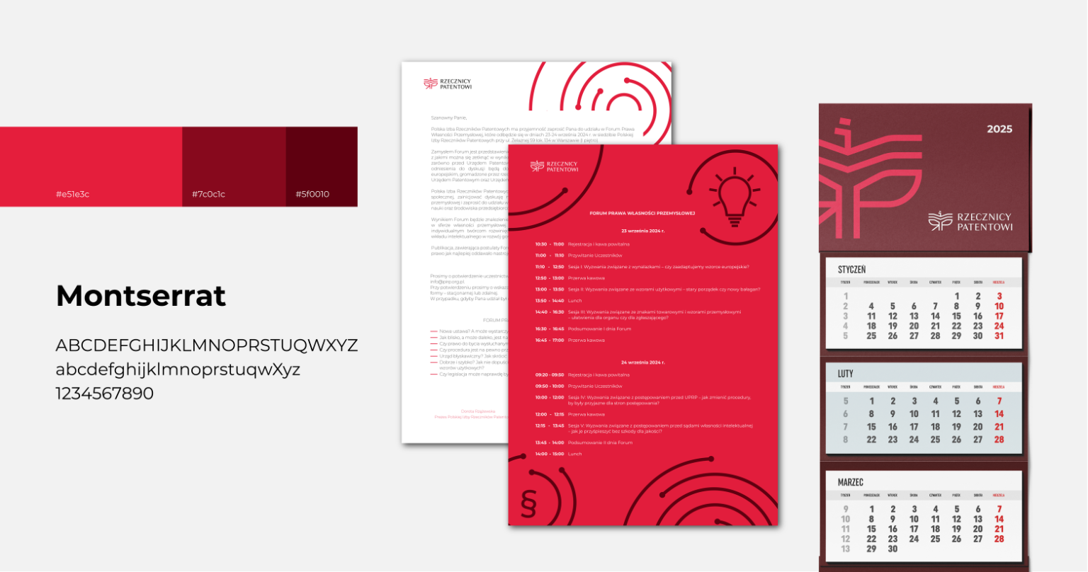 wizualizacja plików do druku, kolorystyki oraz typografii Polskiej Izby Rzeczników Patentowych