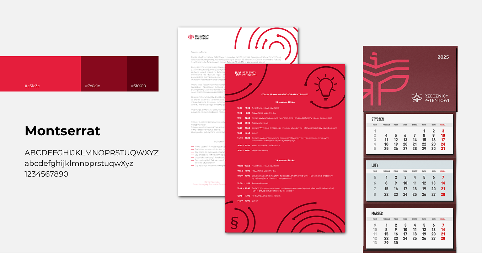 wizualizacja plików do druku, kolorystyki oraz typografii Polskiej Izby Rzeczników Patentowych