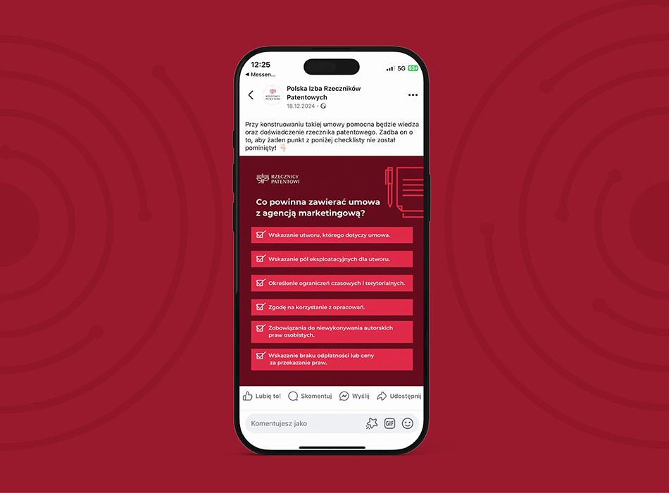 wizualizacja posta Polskiej Izby Rzeczników Patentowych na telefonie